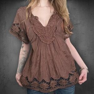 Vintage Studio F Cocoa Brown Floral Lace Embroidered Babydoll Peasant Blouse